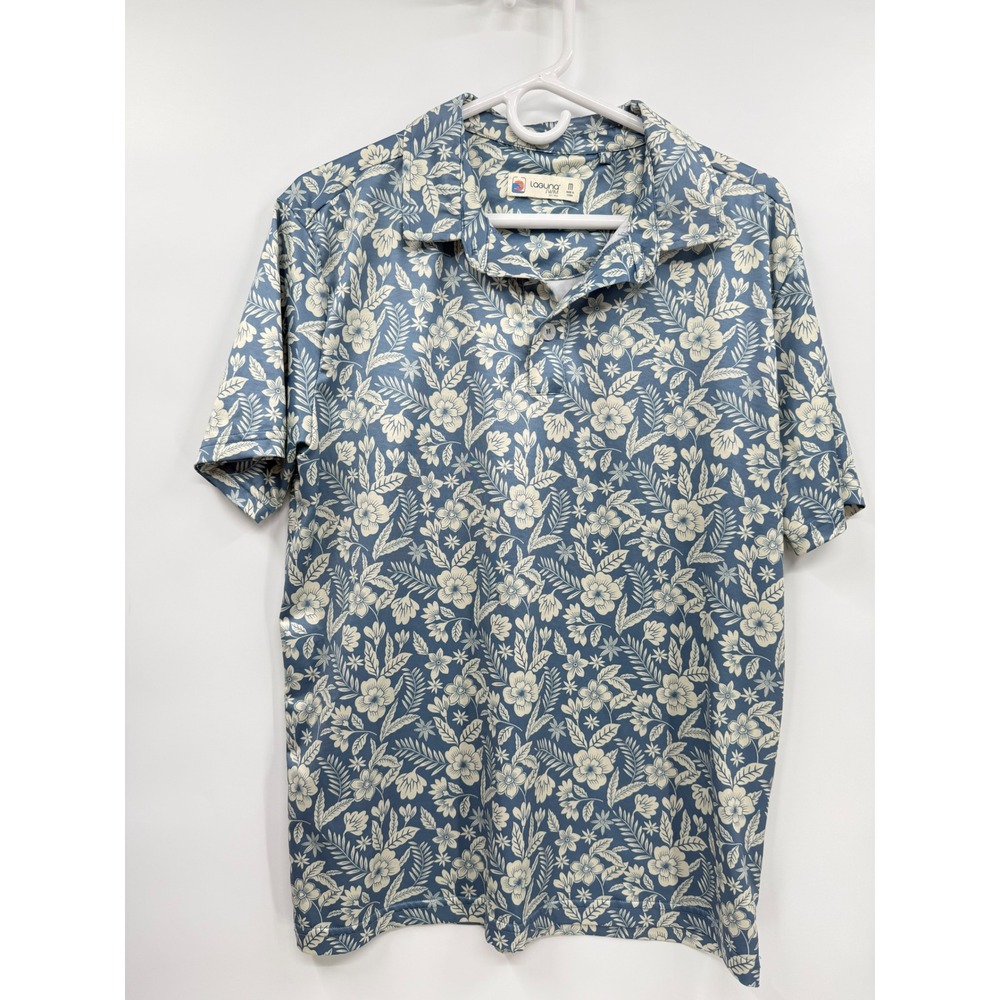 Laguna Swim Medium Polo Shirt Mens Blue Floral Botanical Short Sleeve Stretch
